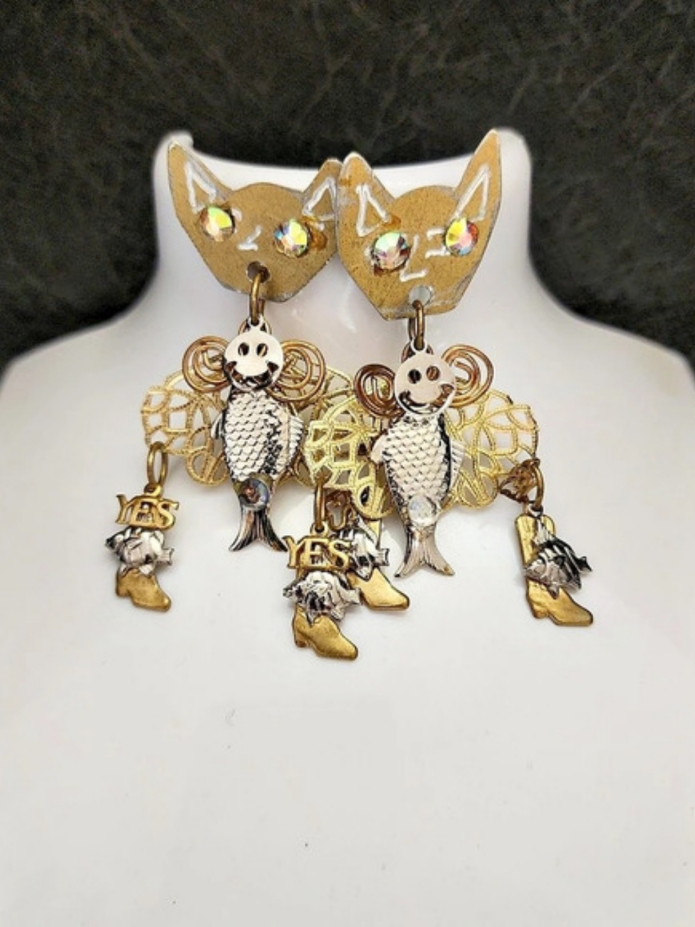 Rare handmade cat head earrings with pendants 6.75 cm.